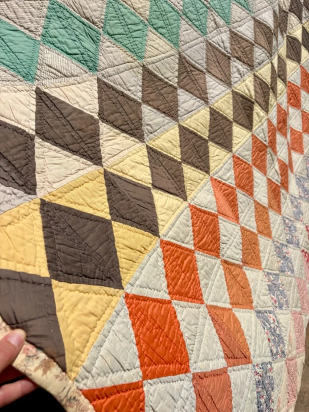 Vintage 1950s Patchwork Quilt 62 x 82, Handmade Hand Quilted Diamond Quilt